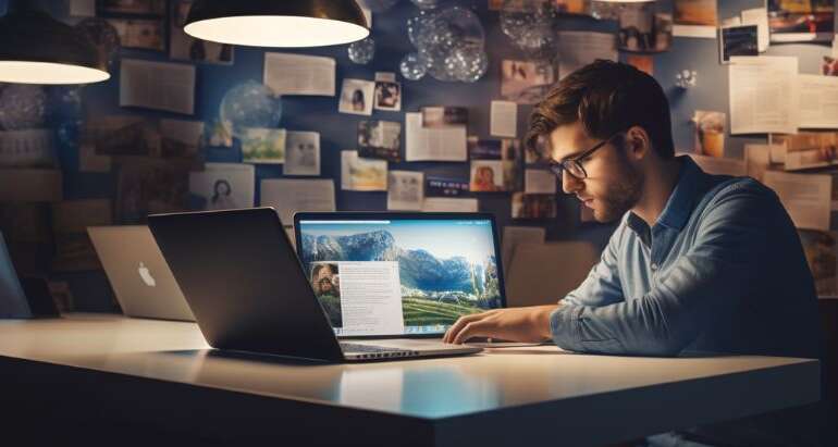 A man typing on a laptop, researching